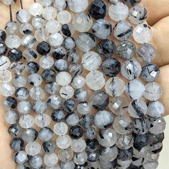 Natural Black Rutilated Quartz Beads Faceted Round