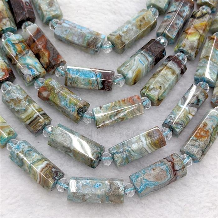Natural Mexican Crazy Lace Agate Tube Beads Blue Dye