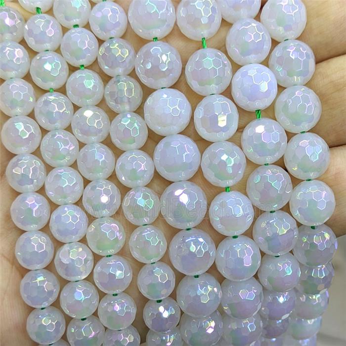 White Agate Beads Faceted Round AB-Color Electroplated