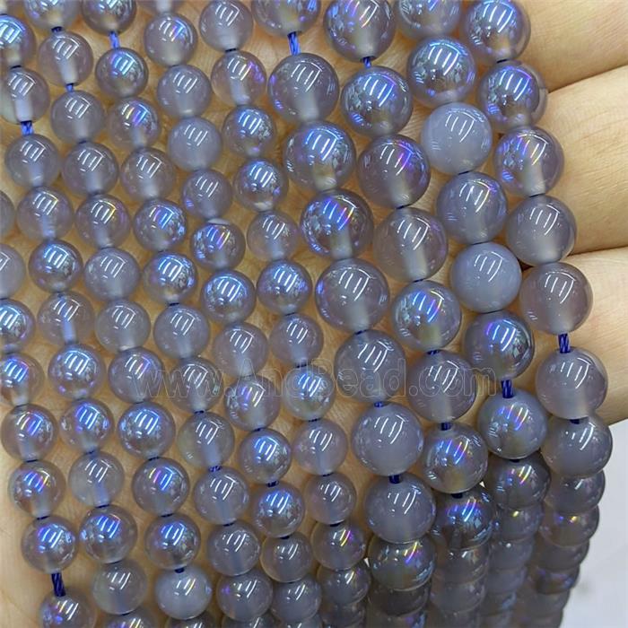 Gray Agate Beads Smooth Round Blue Electroplated