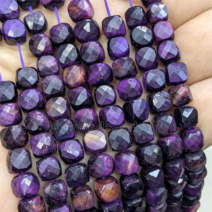 Natural Tiger Eye Beads Purple Dye Faceted Cube