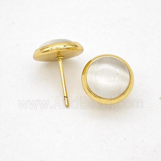 White Cateye Stone Stud Earrings Copper Gold Plated