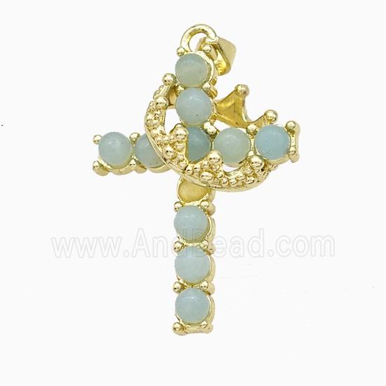 Copper Crown Cross Pendant Pave Blue Amazonite Gold Plated