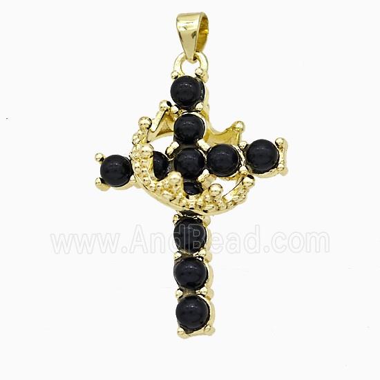 Copper Crown Cross Pendant Pave Black Obsidian Gold Plated