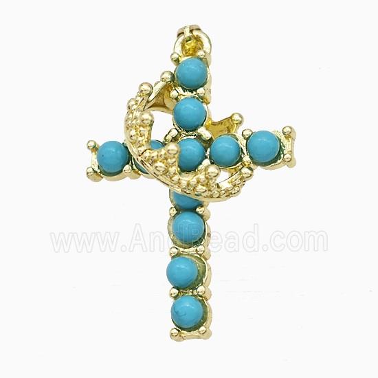 Copper Crown Cross Pendant Pave Blue Synthetic Turquoise Gold Plated