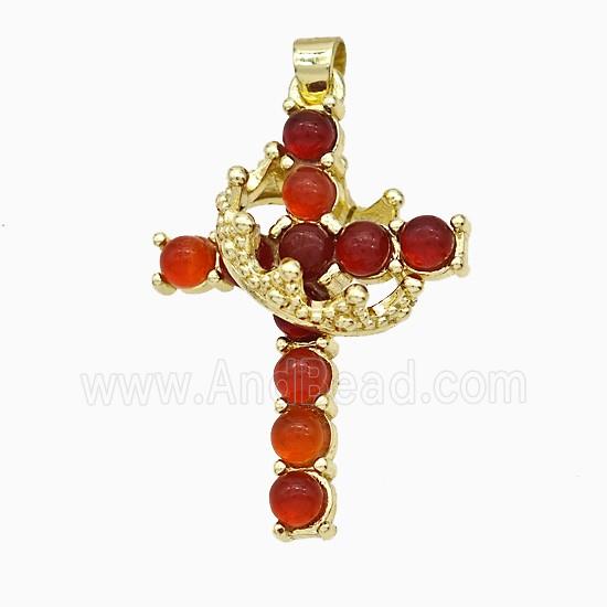 Copper Crown Cross Pendant Pave Red Carnelian Agate Gold Plated