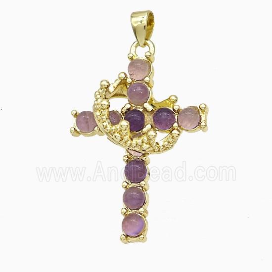 Copper Crown Cross Pendant Pave Amethyst Gold Plated