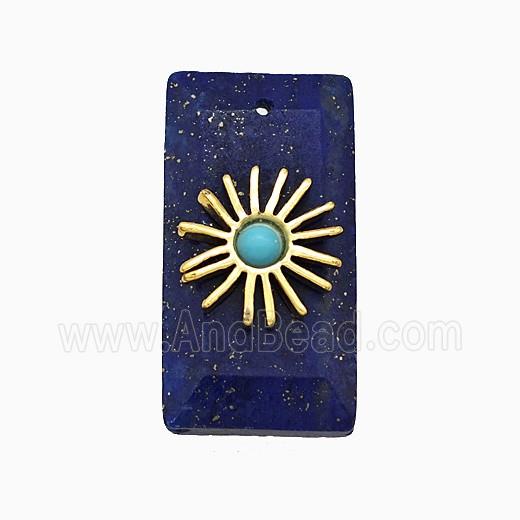 Blue Lapis Lazuli Rectangle Pendant With Copper Sun Gold Plated