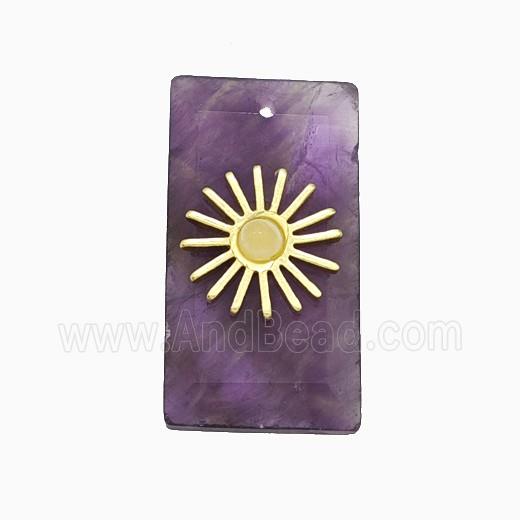 Purple Amethyst Rectangle Pendant With Copper Sun Gold Plated
