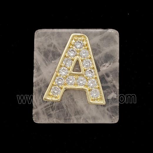 Rose Quartz Square Pendant With Copper Letter-A Pave Zirconia Gold Plated