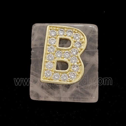 Rose Quartz Square Pendant With Copper Letter-B Pave Zirconia Gold Plated