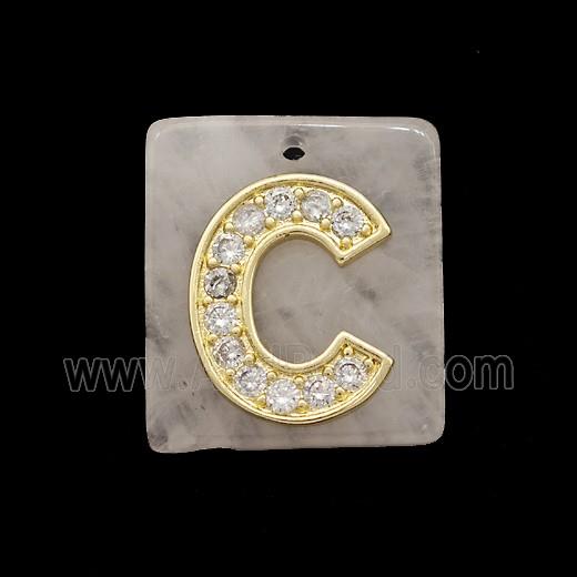 Rose Quartz Square Pendant With Copper Letter-C Pave Zirconia Gold Plated