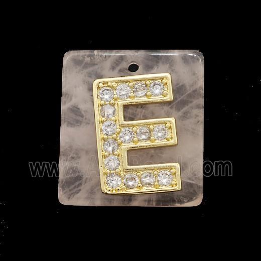 Rose Quartz Square Pendant With Copper Letter-E Pave Zirconia Gold Plated