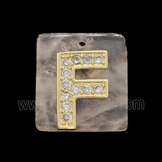 Rose Quartz Square Pendant With Copper Letter-F Pave Zirconia Gold Plated