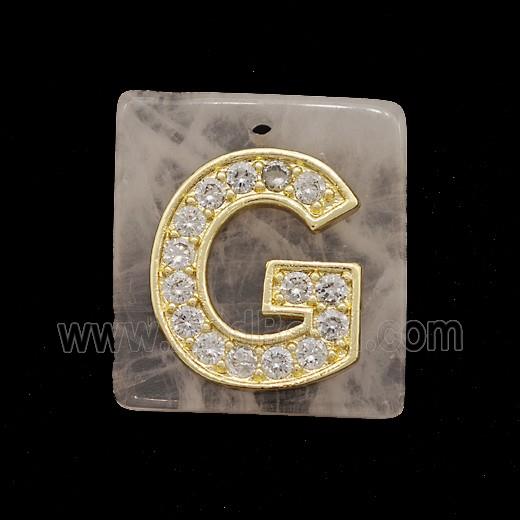 Rose Quartz Square Pendant With Copper Letter-G Pave Zirconia Gold Plated