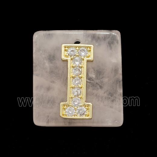 Rose Quartz Square Pendant With Copper Letter-I Pave Zirconia Gold Plated