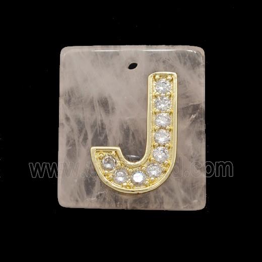 Rose Quartz Square Pendant With Copper Letter-J Pave Zirconia Gold Plated