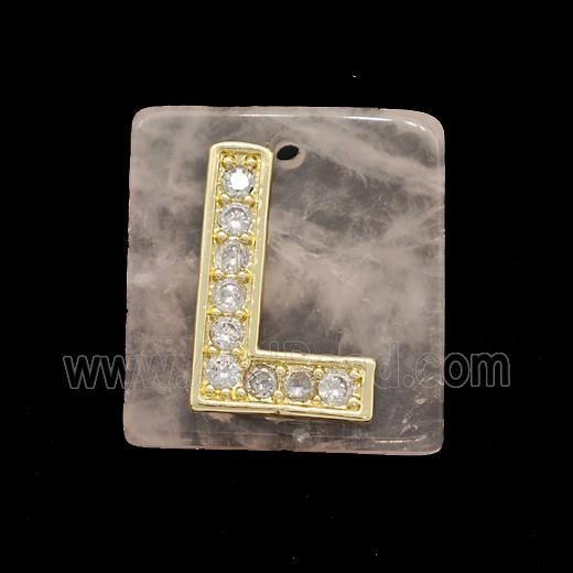 Rose Quartz Square Pendant With Copper Letter-L Pave Zirconia Gold Plated