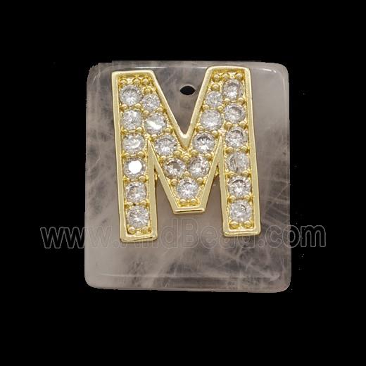 Rose Quartz Square Pendant With Copper Letter-M Pave Zirconia Gold Plated