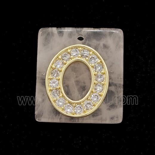 Rose Quartz Square Pendant With Copper Letter-O Pave Zirconia Gold Plated