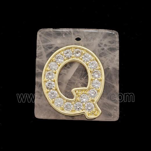 Rose Quartz Square Pendant With Copper Letter-Q Pave Zirconia Gold Plated