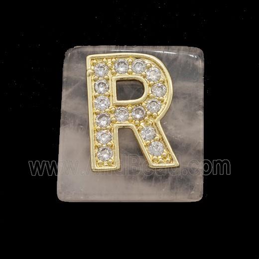 Rose Quartz Square Pendant With Copper Letter-R Pave Zirconia Gold Plated