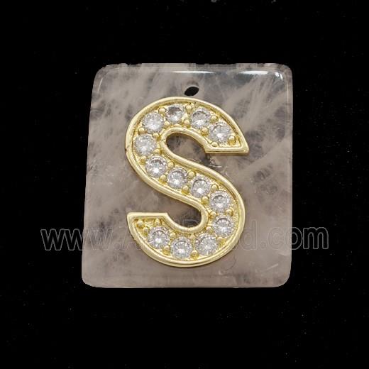 Rose Quartz Square Pendant With Copper Letter-S Pave Zirconia Gold Plated
