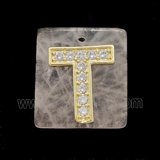 Rose Quartz Square Pendant With Copper Letter-T Pave Zirconia Gold Plated