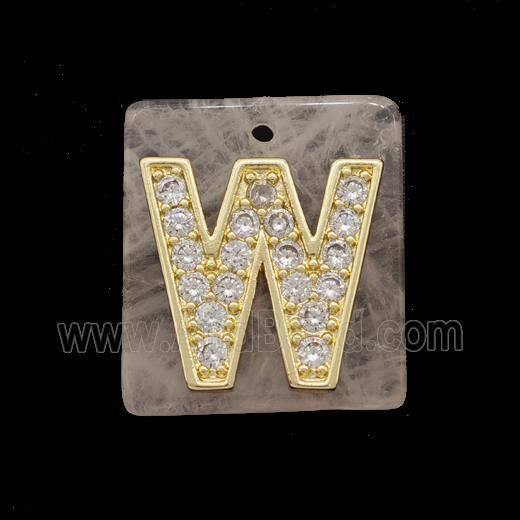 Rose Quartz Square Pendant With Copper Letter-W Pave Zirconia Gold Plated