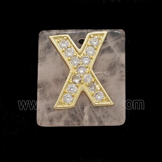 Rose Quartz Square Pendant With Copper Letter-X Pave Zirconia Gold Plated