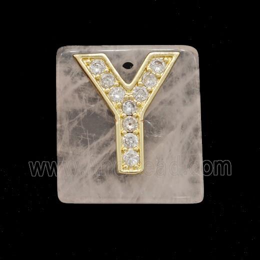 Rose Quartz Square Pendant With Copper Letter-Y Pave Zirconia Gold Plated