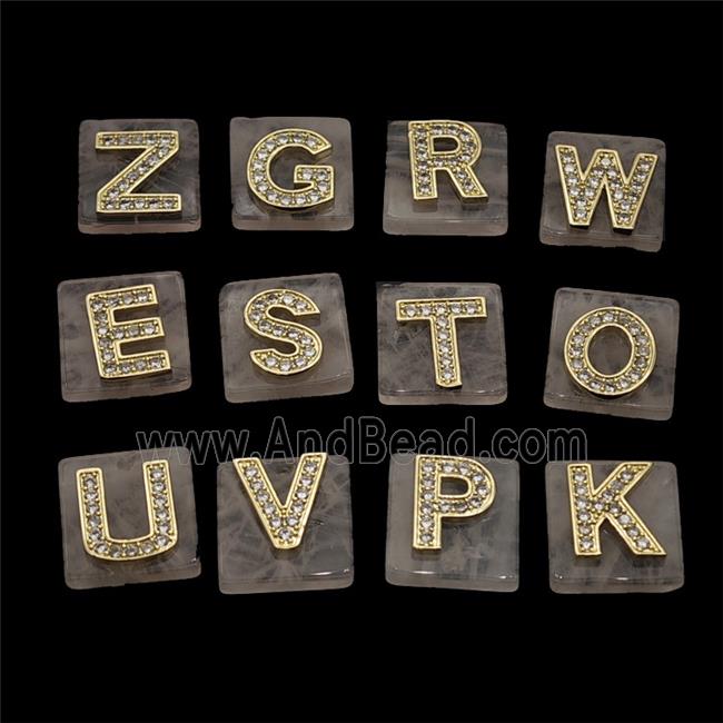 Rose Quartz Square Pendant With Copper Letter Pave Zirconia Gold Plated Mixed