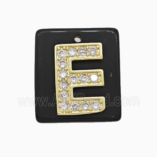 Black Obsidian Square Pendant With Copper Letter-E Pave Zirconia Gold Plated