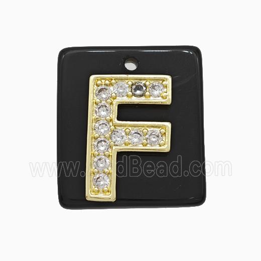 Black Obsidian Square Pendant With Copper Letter-F Pave Zirconia Gold Plated