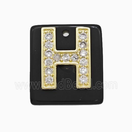 Black Obsidian Square Pendant With Copper Letter-H Pave Zirconia Gold Plated