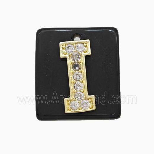 Black Obsidian Square Pendant With Copper Letter-I Pave Zirconia Gold Plated