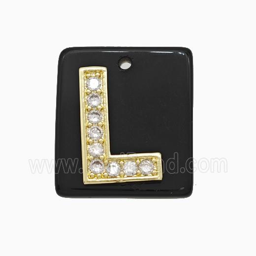 Black Obsidian Square Pendant With Copper Letter-L Pave Zirconia Gold Plated