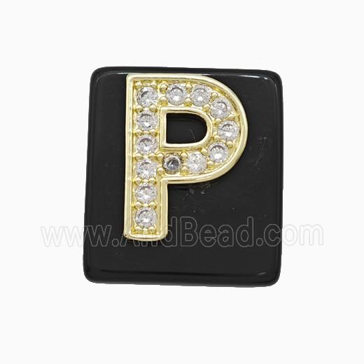 Black Obsidian Square Pendant With Copper Letter-P Pave Zirconia Gold Plated