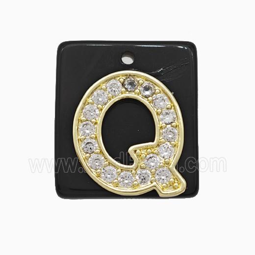 Black Obsidian Square Pendant With Copper Letter-Q Pave Zirconia Gold Plated