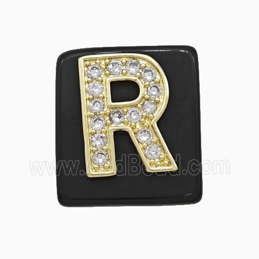 Black Obsidian Square Pendant With Copper Letter-R Pave Zirconia Gold Plated