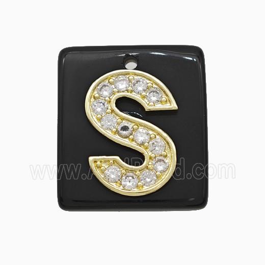 Black Obsidian Square Pendant With Copper Letter-S Pave Zirconia Gold Plated