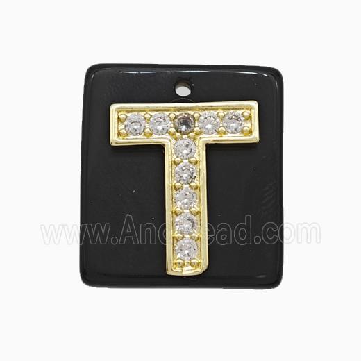 Black Obsidian Square Pendant With Copper Letter-T Pave Zirconia Gold Plated