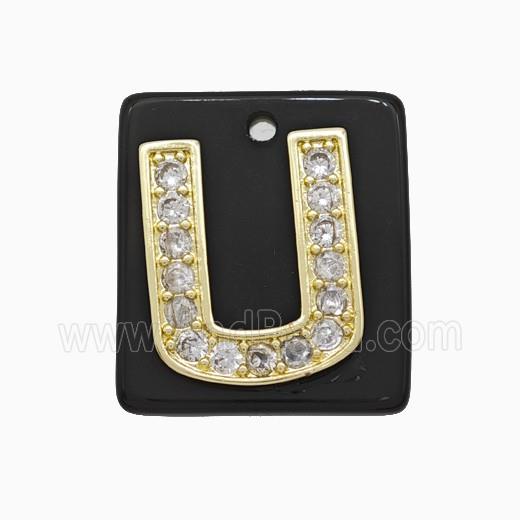 Black Obsidian Square Pendant With Copper Letter-U Pave Zirconia Gold Plated