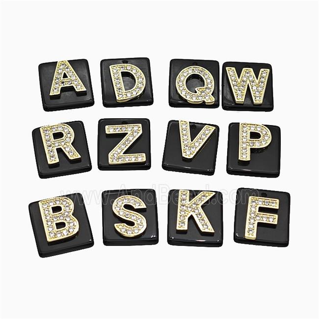 Black Obsidian Square Pendant With Copper Letters Pave Zirconia Gold Plated Mixed