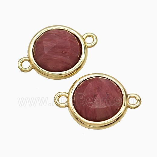 Pink Wood Lace Jasper Circle Connector Gold Plated