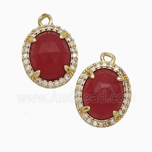 Red Dye Jade Oval Pendant Copper Pave Zirconia Gold Plated