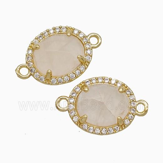 Pink Rose Quartz Oval Connector Copper Pave Zirconia Gold Plated