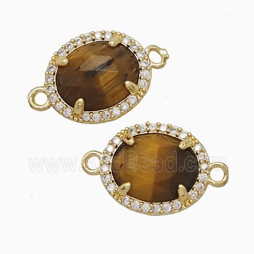 Tiger Eye Stone Oval Connector Copper Pave Zirconia Gold Plated