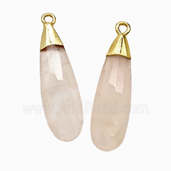 Natural Pink Rose Quartz Teardrop Pendant Faceted Gold Plated