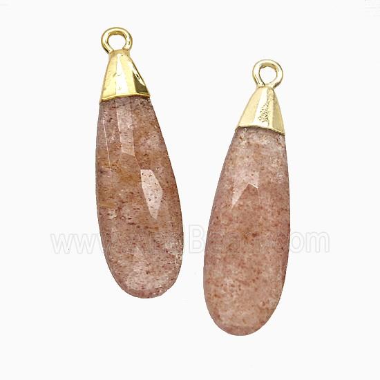 Natural Pink Strawberry Quartz Teardrop Pendant Faceted Gold Plated